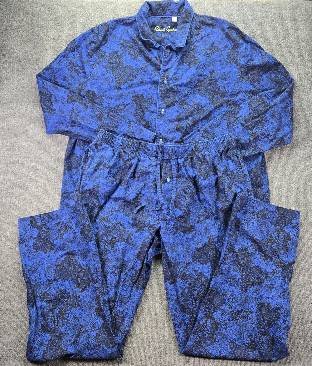 Robert Graham Pajama Set Mens XXL Blue Black Paisley Button Up Cotton Sleepwear